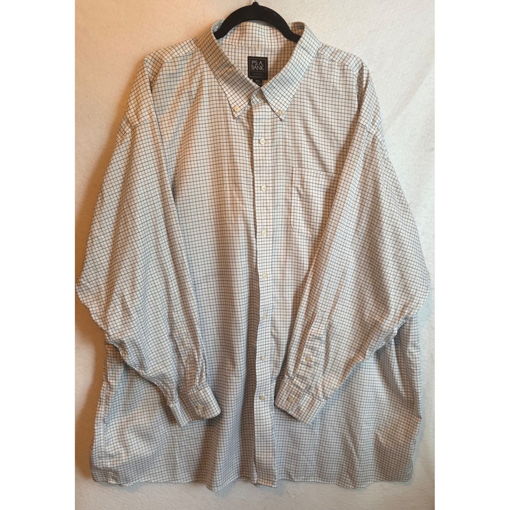 Jos A Bank Traveler 20-35 Big & Tall Grid Button Down‎ Dress Shirt White Blue